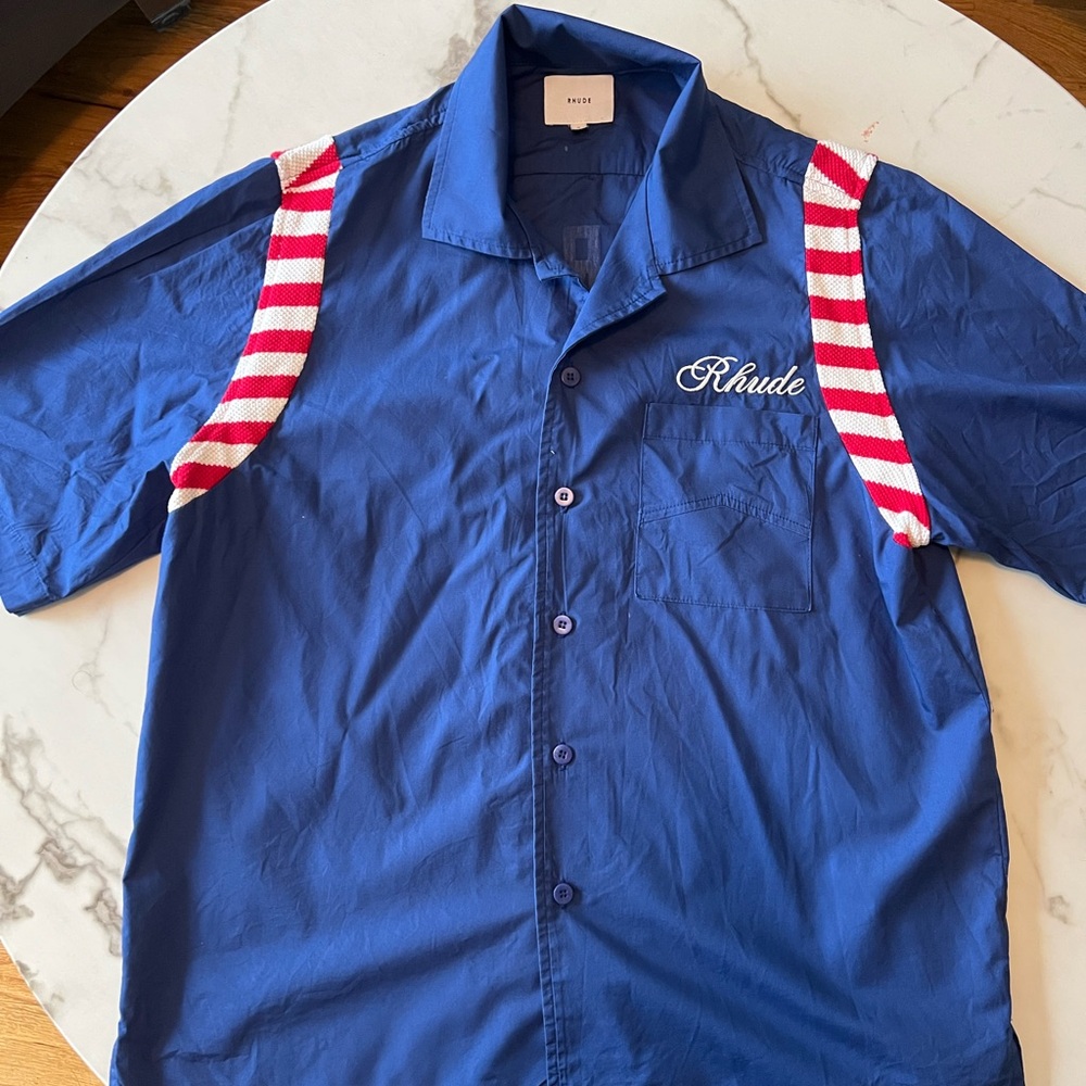 Rhude Blue and Red Casual Button Down Shirt with Striped Detail. 100% Authentic